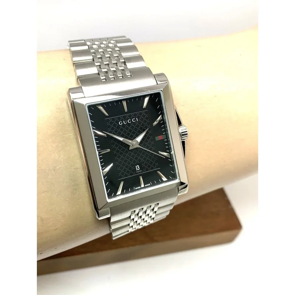 Gucci Men's Watch YA138401 G-Timeless Swiss Quartz Black Dial Silver Steel Tank